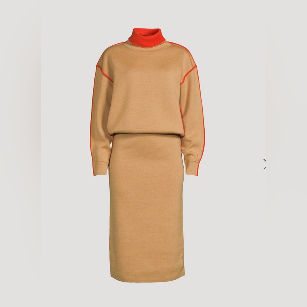 Victoria Beckham Contrast-Trim Turtleneck Dress – camel & orange Size S NWOT